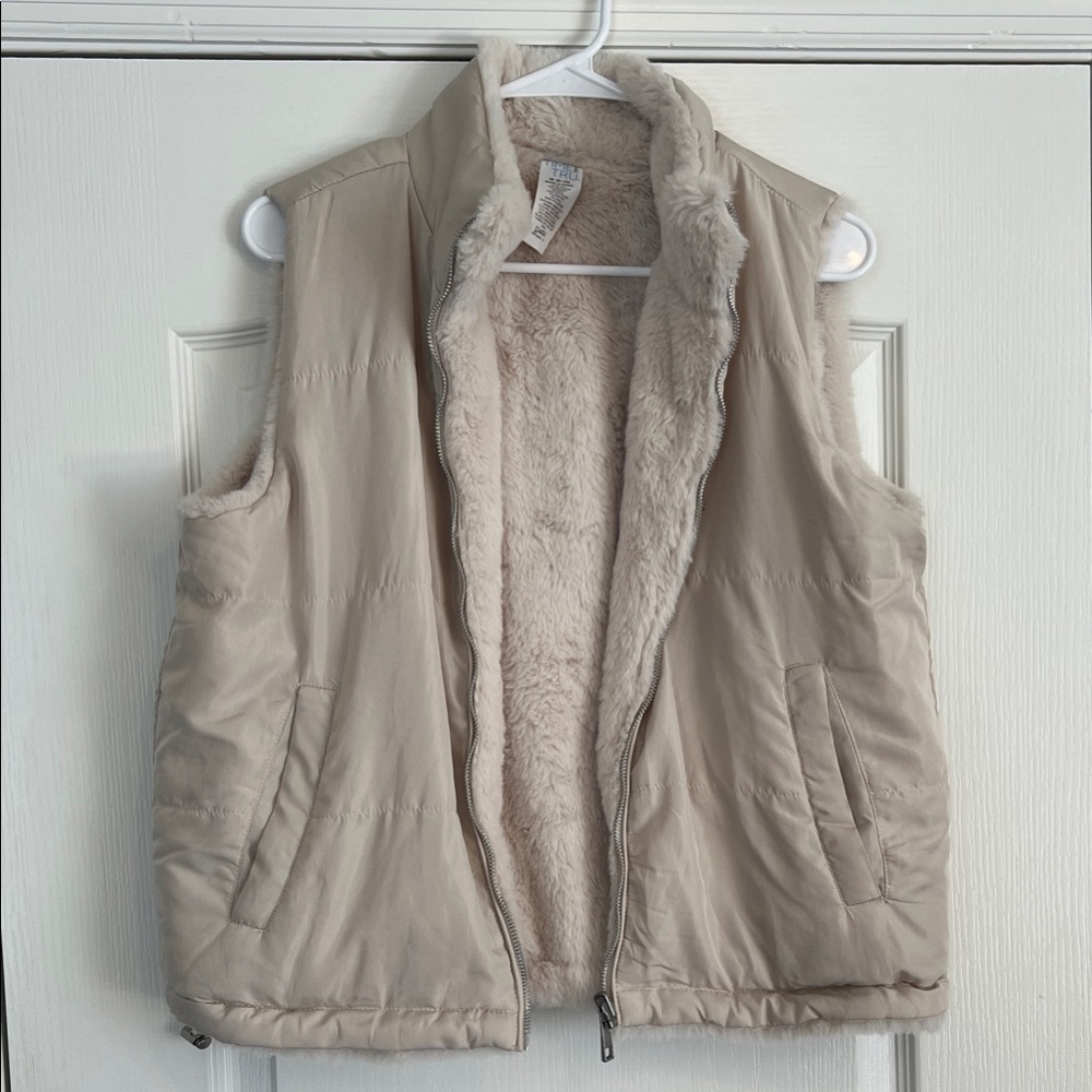 Women's Cream reversible Puffer Vest with faux fur